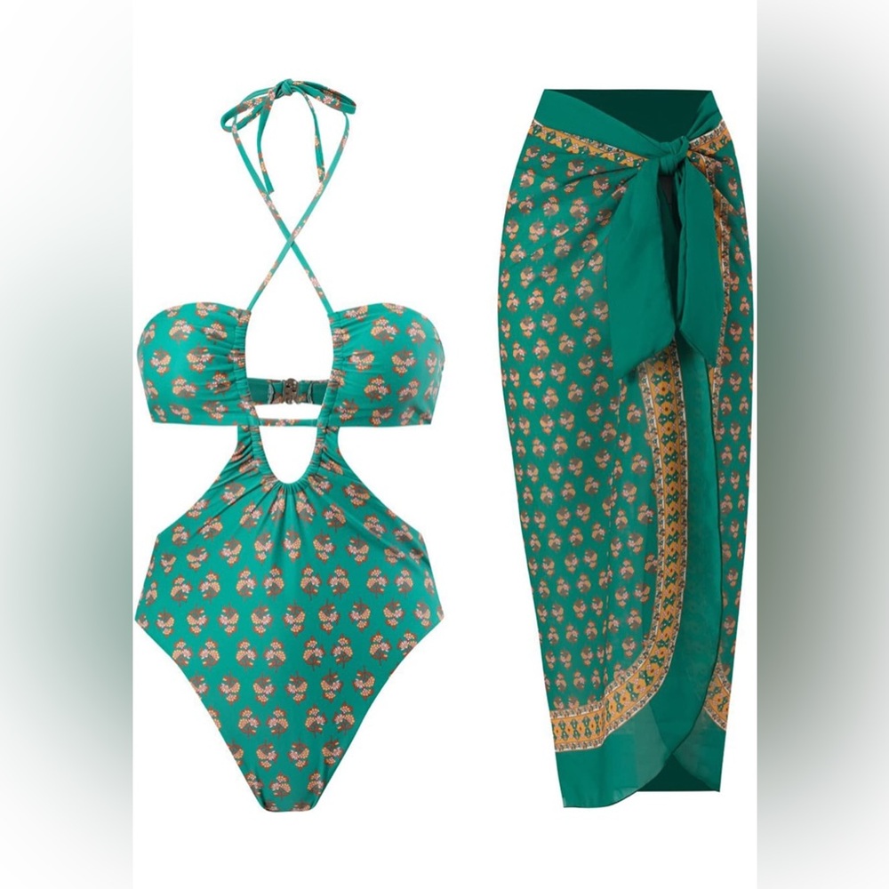 One Piece Swimsuit and Wrap Sarong Retro Floral Bikini Two Piece Bathing Suit